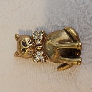 KREMENTZ Vintage Kitty Cat w/ Rhinestones Bow Brooch